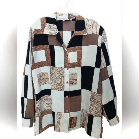Y2K Silky Blouse Sz 10 Abstract Colorblock Patchwork Geo Button up Office Career - Picture 2 of 13